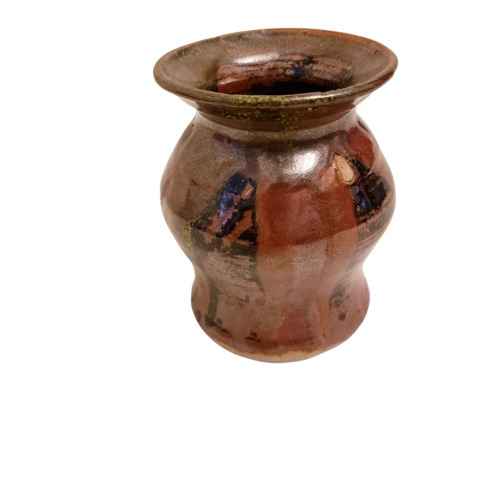 Brown Glazed Hand-thrown Signed Pottery Classic Silhouette Vase